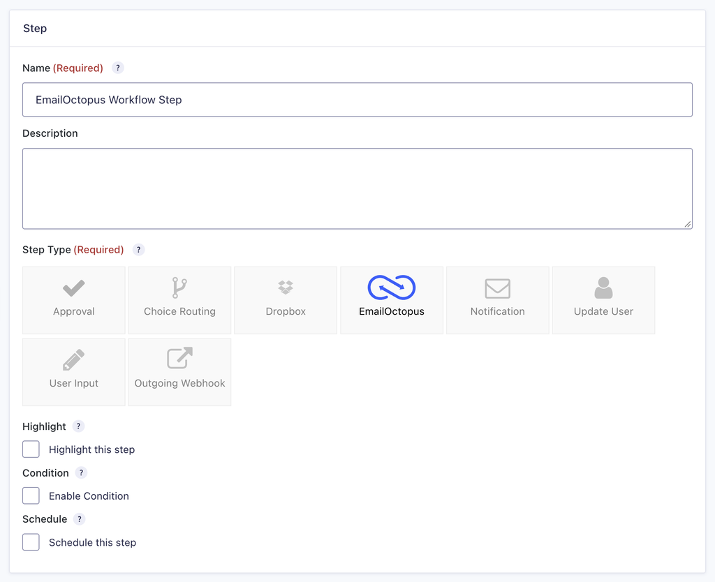 EmailOctopus Workflow Step Settings