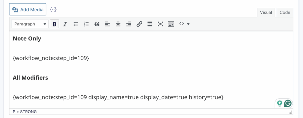 Image showing workflow_note merge tags in a form Notification.