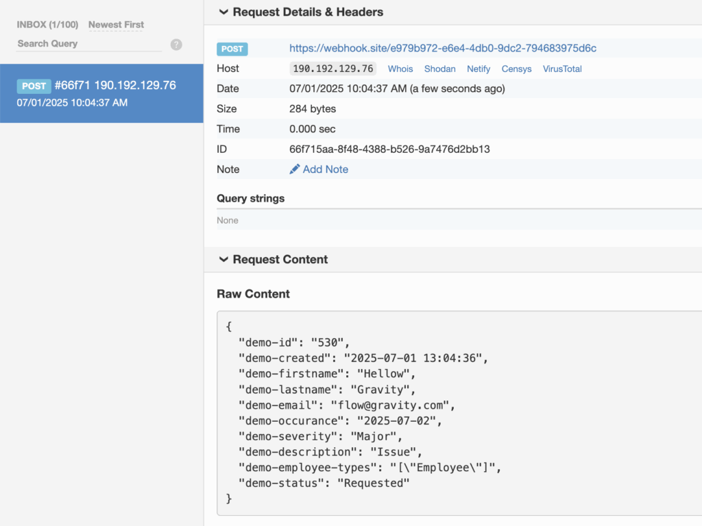 Image showing webhook.site results after submitting the form
