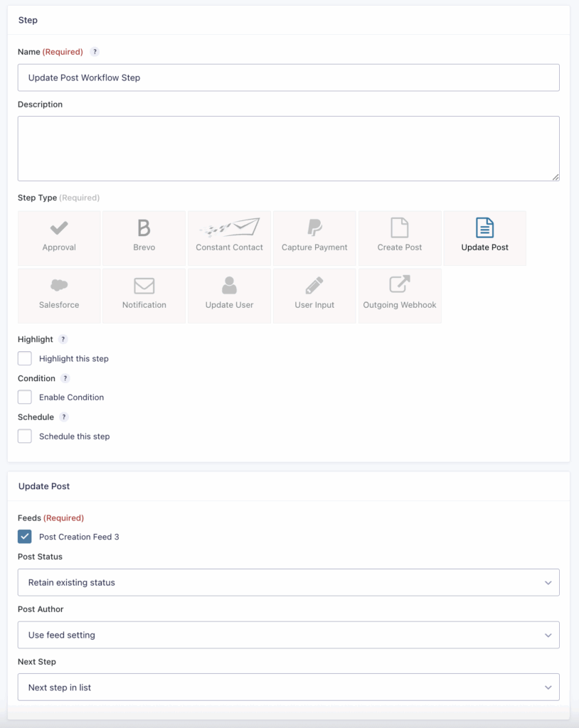 Update Post Step Settings Reference
