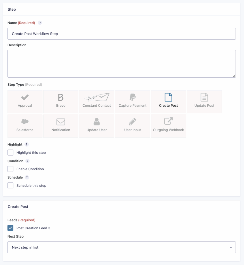 Create Post Step Settings Reference