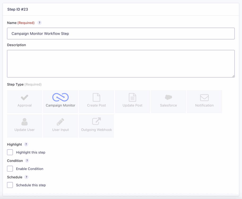 Image showing Campaign Monitor Step workflow settings