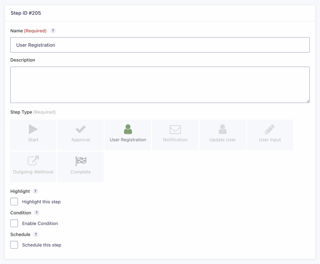 Image showing User Registration Step settings