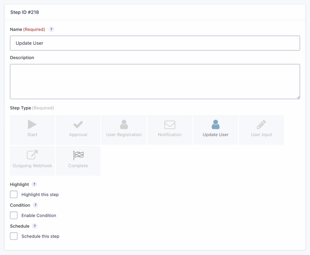 Image showing Update User Step settings