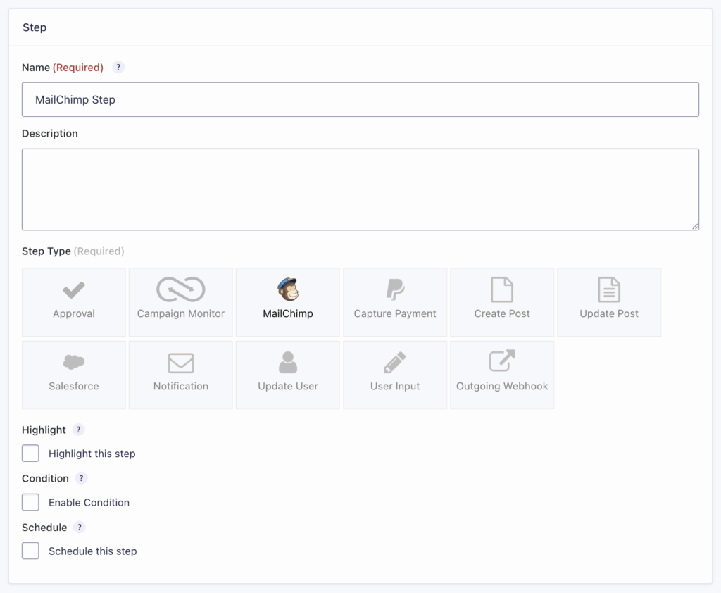 Image showing Mailchimp Workflow Step settings