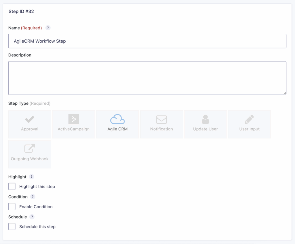 Image showing Agile CRM Step settings