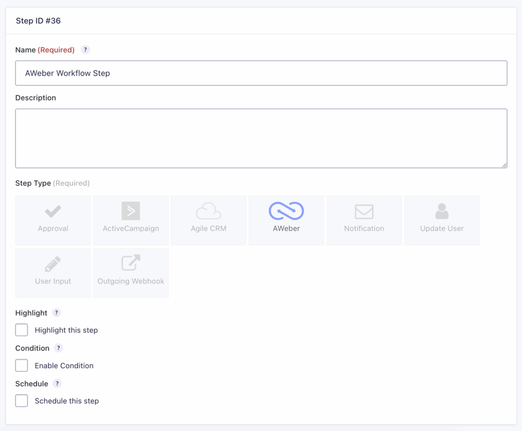 Image showing AWeber Step settings