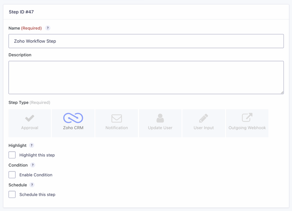 Image showing Zoho CRM Step settings