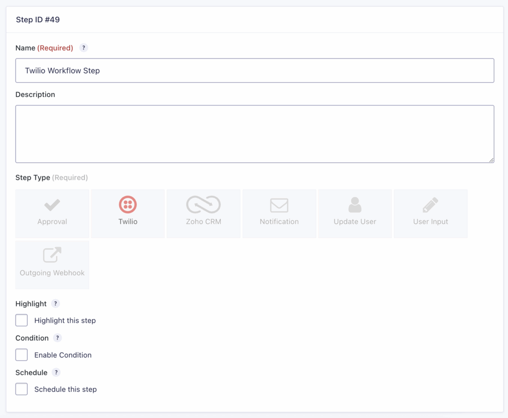 Image showing Twilio Step settings