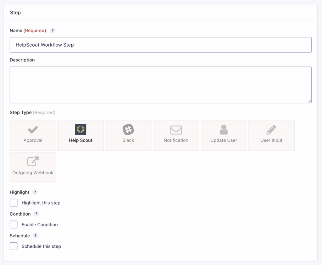 Image showing Help Scout Step settings