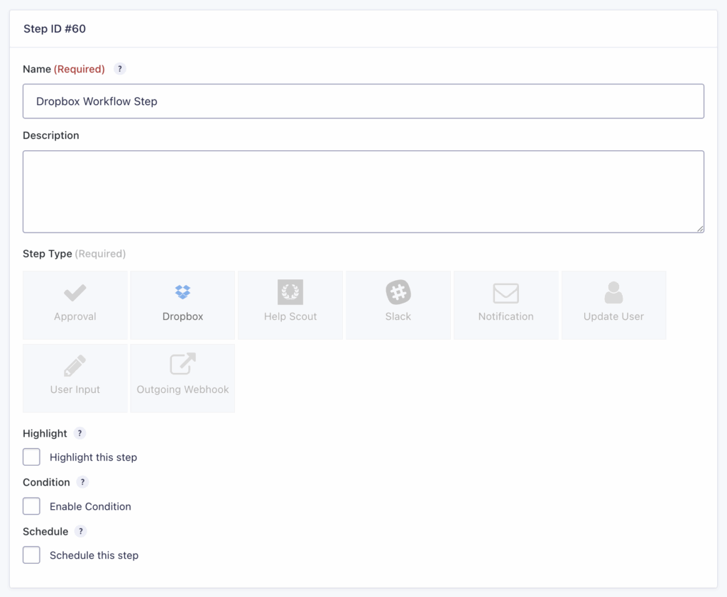 Image showing Dropbox Step settings