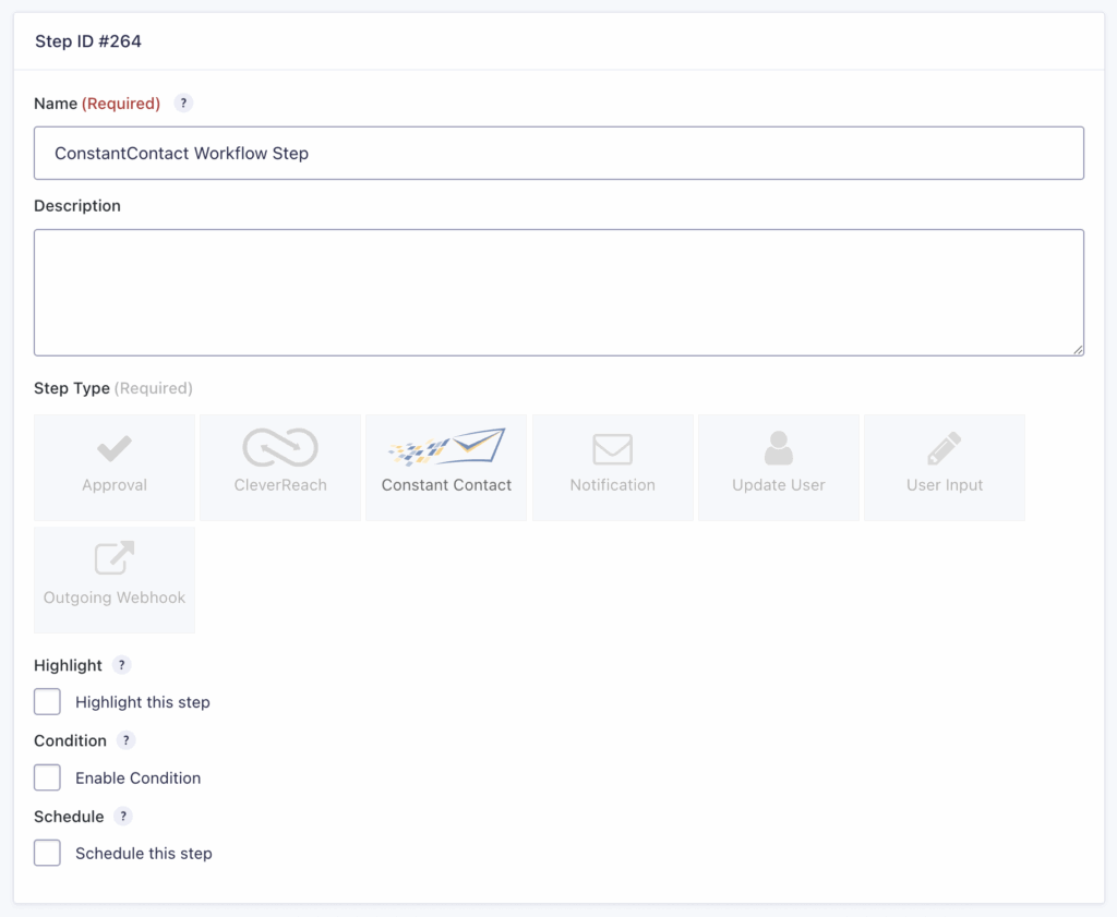 Image showing Constant Contact Step settings