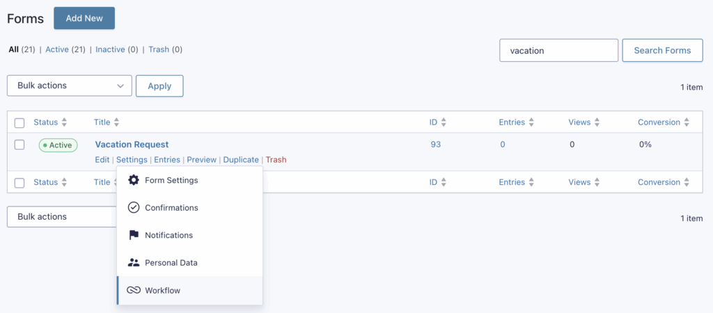 Image showing the form list with a link to the Workflow settings