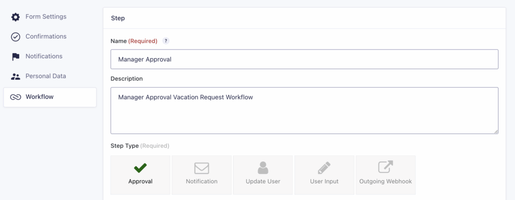 Image showing the Workflow Step settings