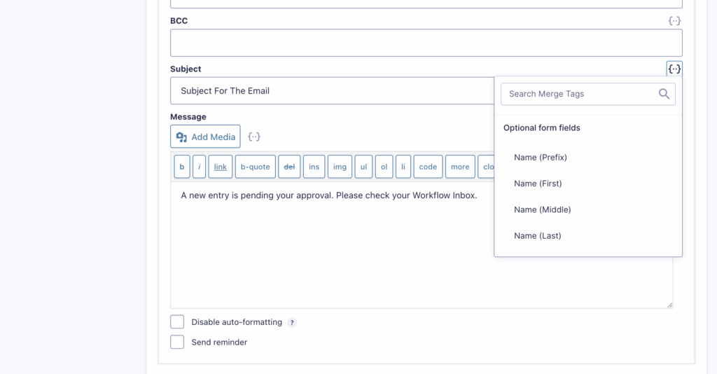 Image showing the Workflow Step Email settings