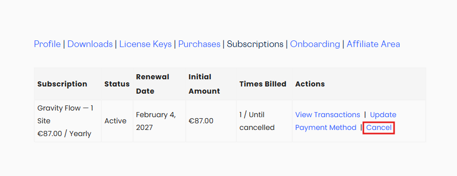 Image showing the cancel link to cancel a Gravity Flow subscription