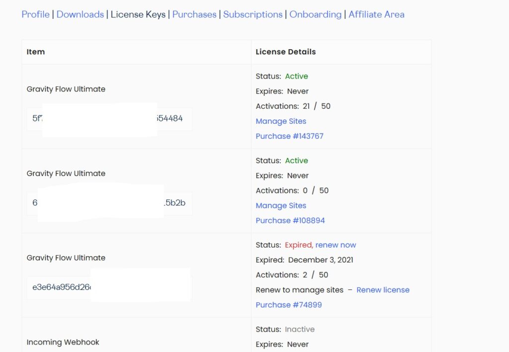 Image showing the list of license keys