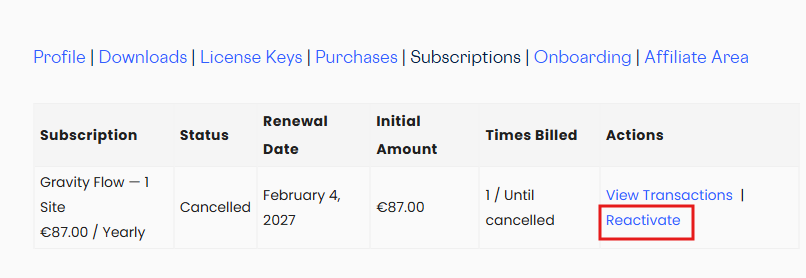 Image showing the Reactivate link