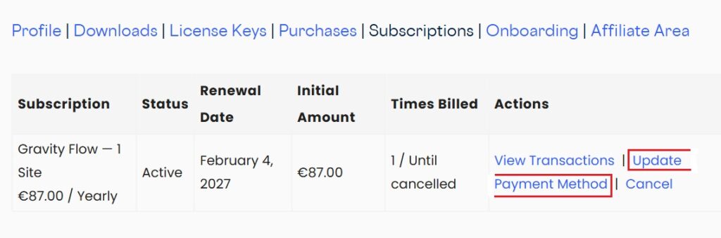 Image showing the update payment method link for a Gravity Flow subscription