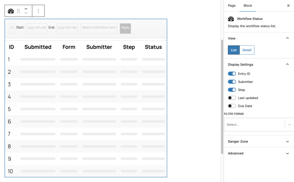 Image showing Workflow Status Biock in the WordPress Editor