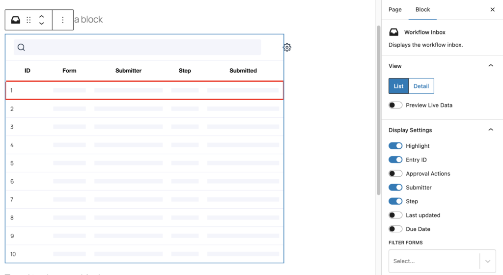 Image showing Workflow Inbox Block in the WordPress Editor
