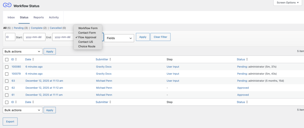 Image showing Gravity Flow Status page