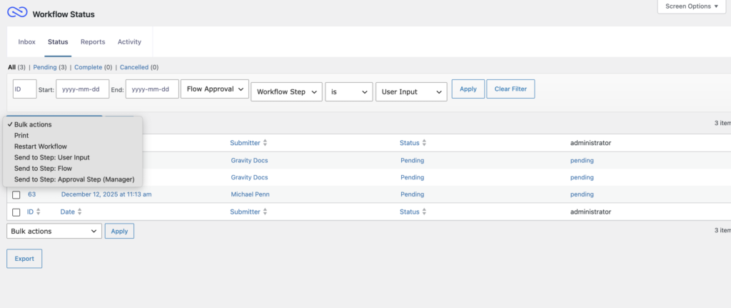 Image showing Gravity Flow Status page
